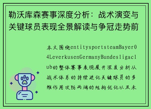 勒沃库森赛事深度分析：战术演变与关键球员表现全景解读与争冠走势前瞻