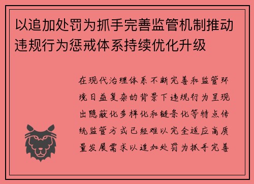 以追加处罚为抓手完善监管机制推动违规行为惩戒体系持续优化升级